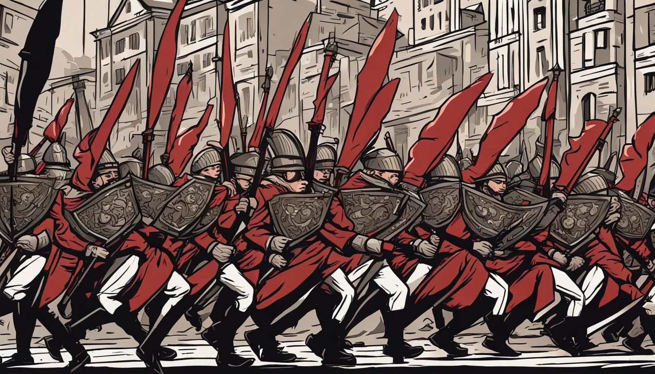 Footmen Marching Through City Gates in Tyler Stout Style