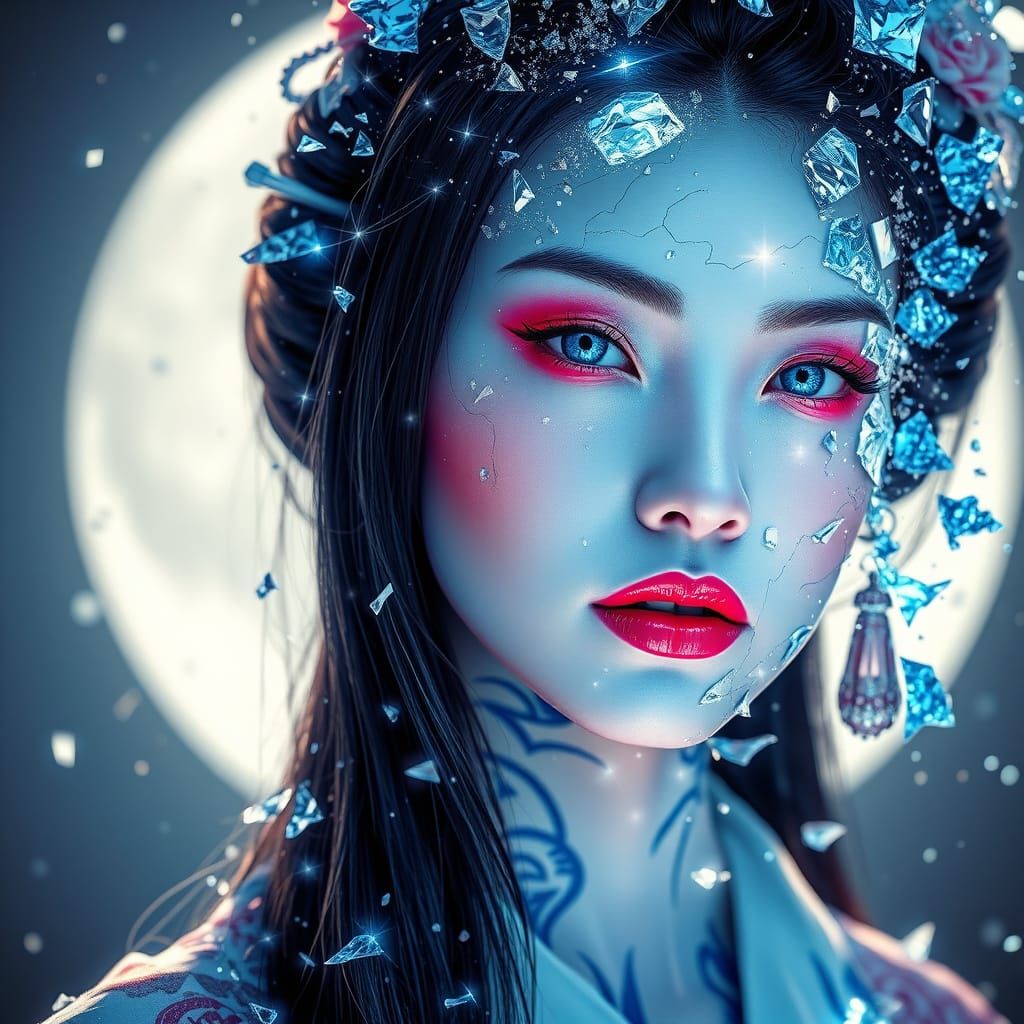 Cyberpunk Geisha Portrait with Shattered Glass Effect