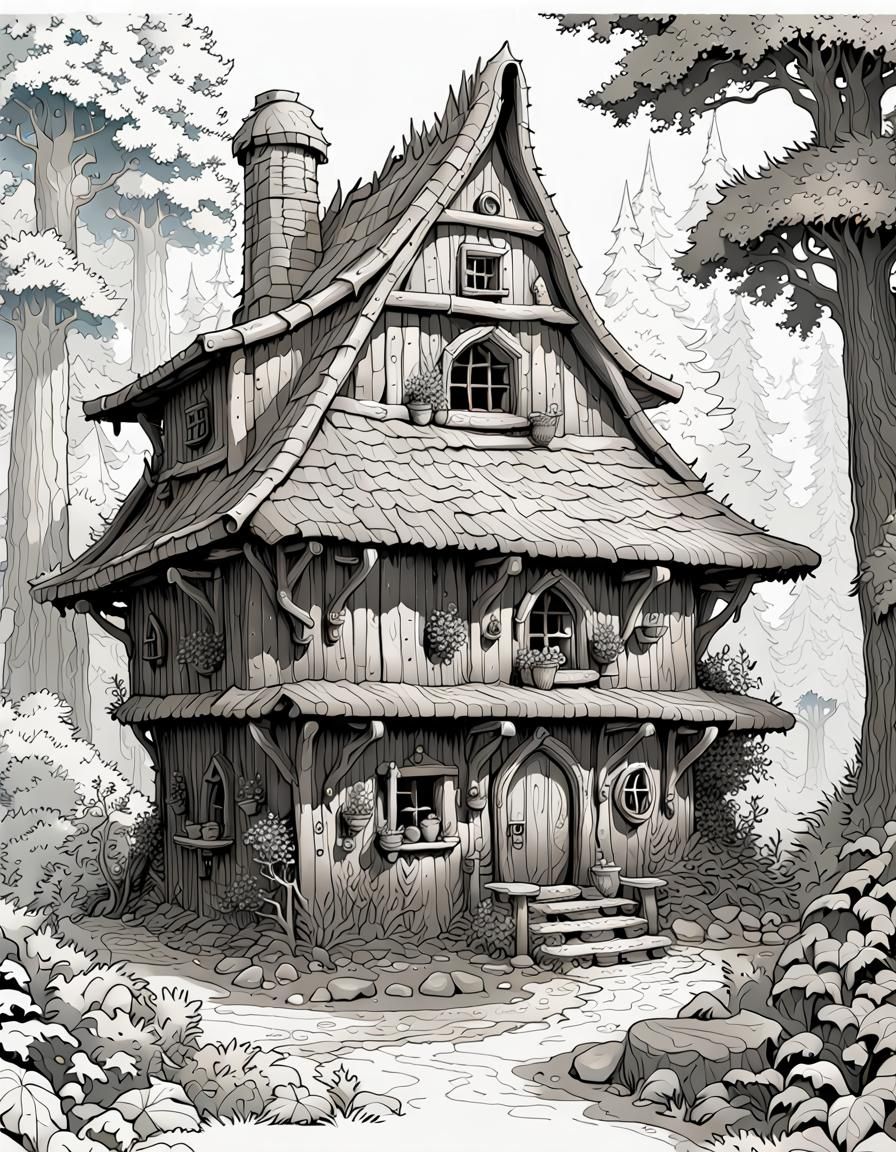 Detailed Black and White Dwarf House Illustration