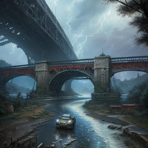 Broken Bridge over River in Detailed Post-Apocalyptic Style