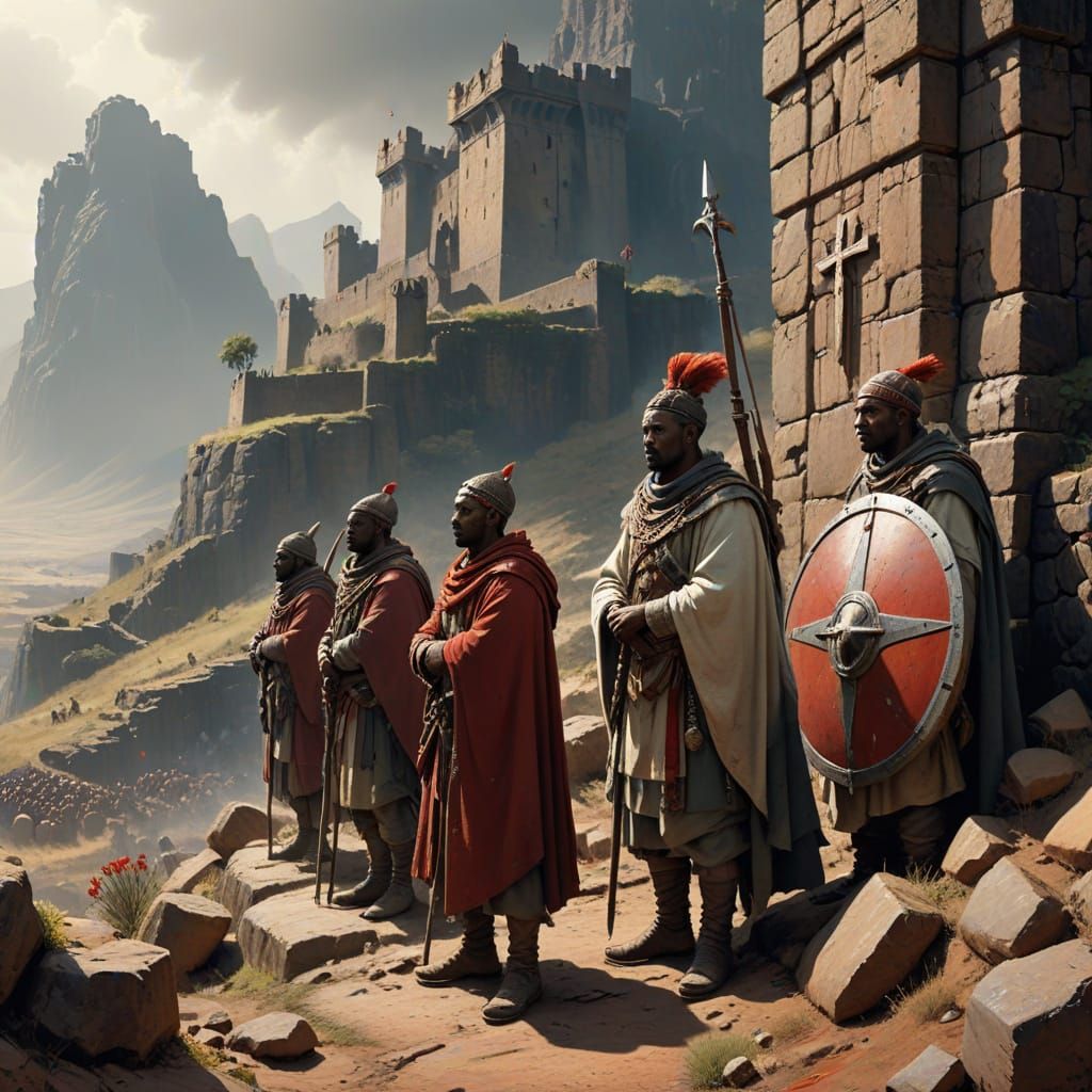 Ethiopian Soldiers in Highland Fortress, Frank Frazetta Styl...