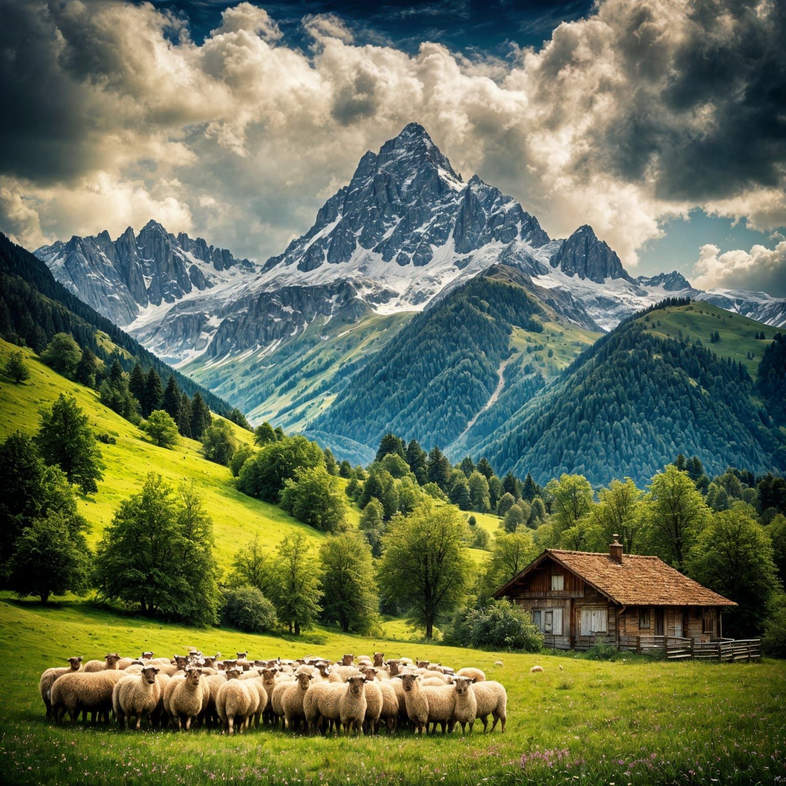 Fluffy Sheep in Swiss Alps Meadow with Surreal Cable Car