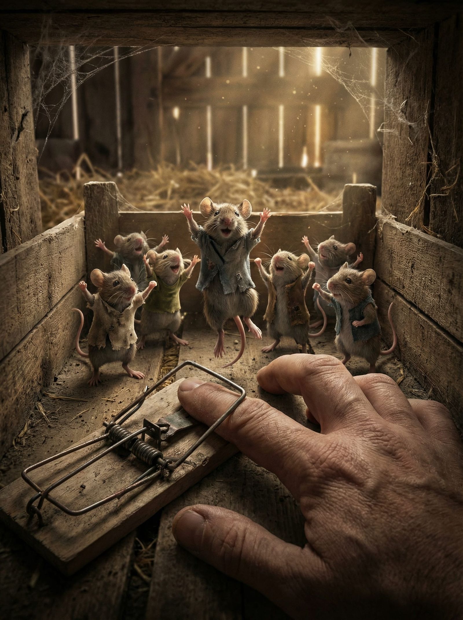 Mice Celebrate Victory Over Giant Hand in Barn