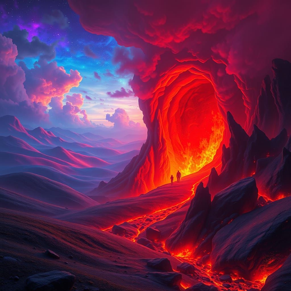 Surreal Dreamscapes: Iridescent Abyss in Infernal Contrast