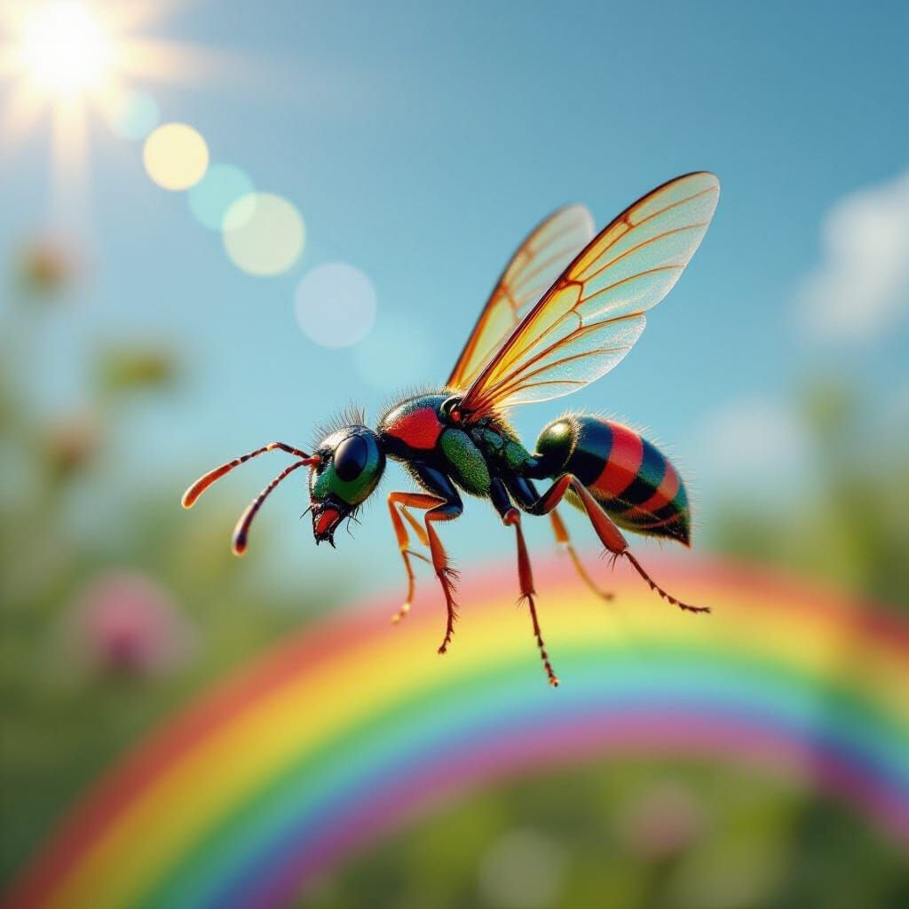 Surreal Rainbow Ant Soaring Through the Sky