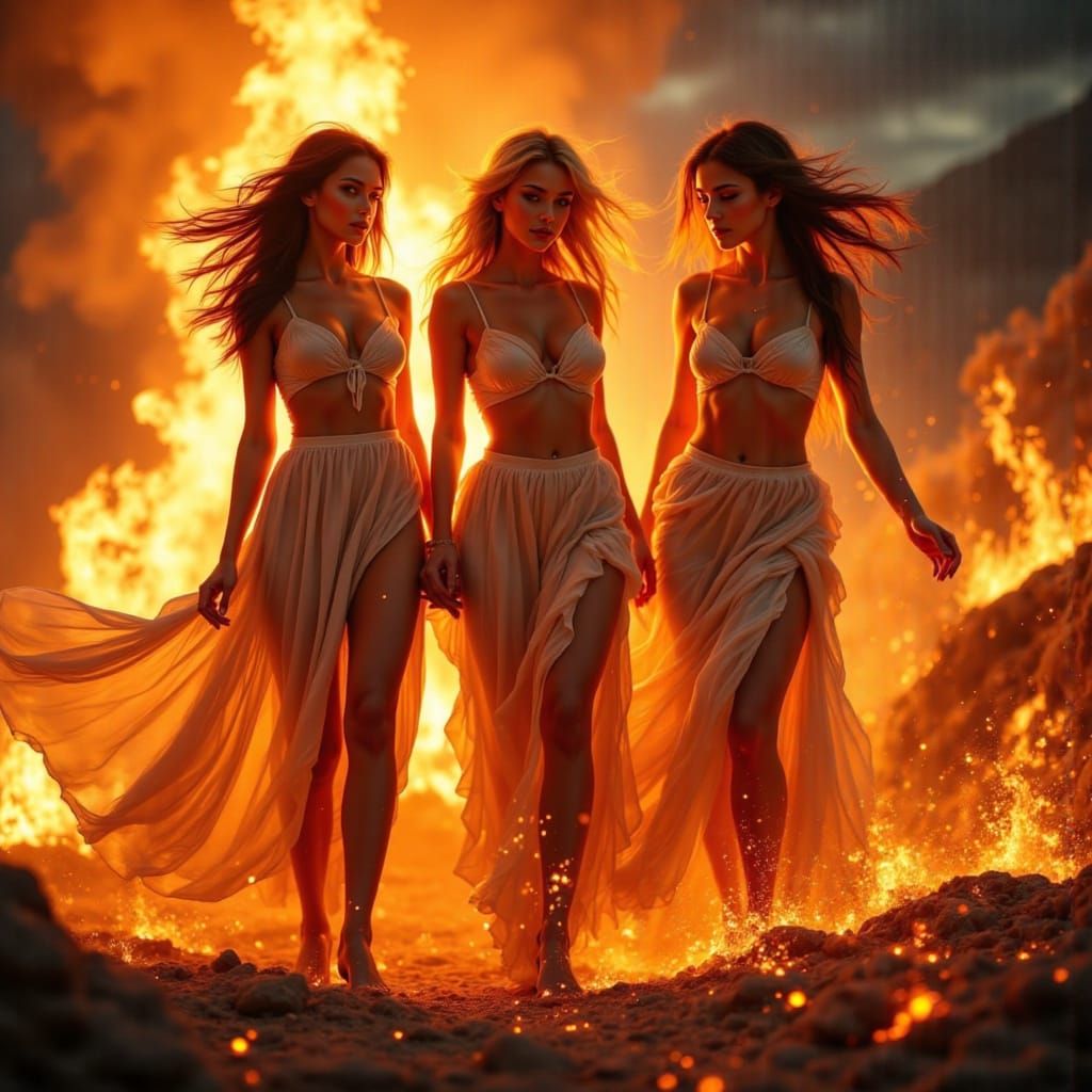Women Surrounded by Lava in Hyperrealistic Photorealism
