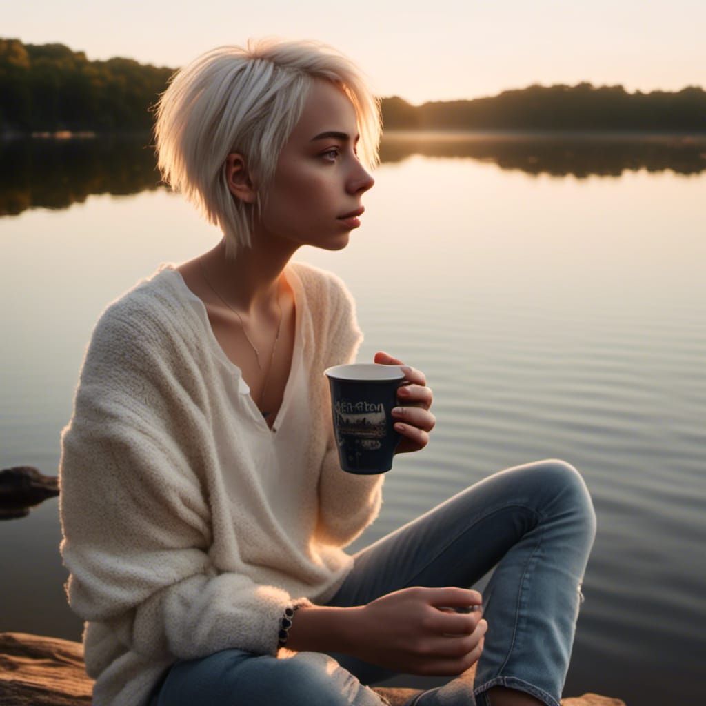 Contemplative Trans Girl at Sunrise by Lake