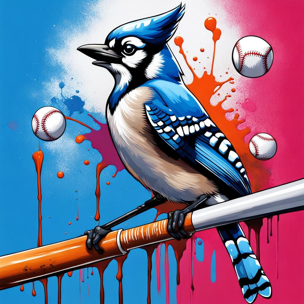 Blue Jay with Baseball Bat in Graffiti Art