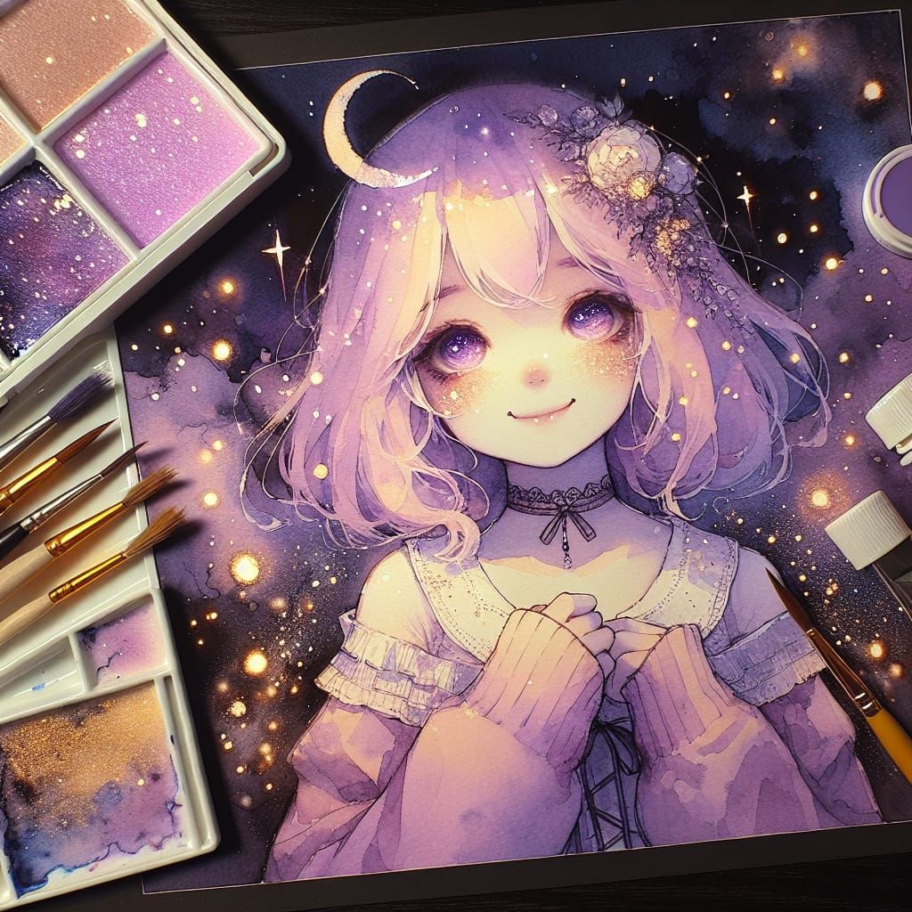 Pastel Purple Girl Portrait in Watercolor Style