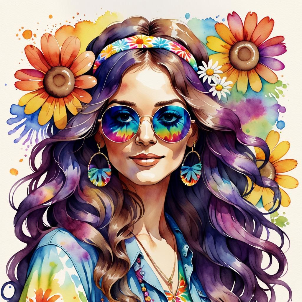 Colorful Watercolor Portrait of a 70s Hippie Woman