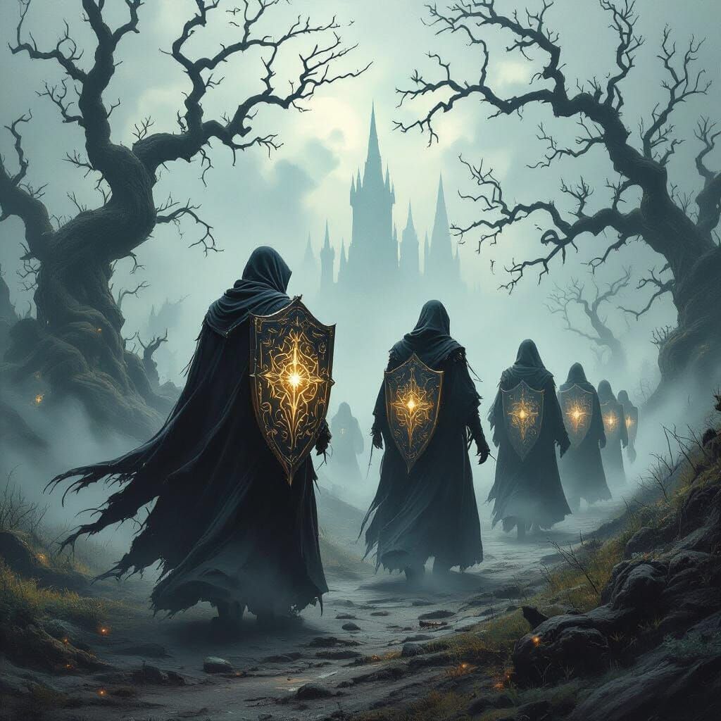 Dark Fantasy Sorcerers March Through Magical Landscape
