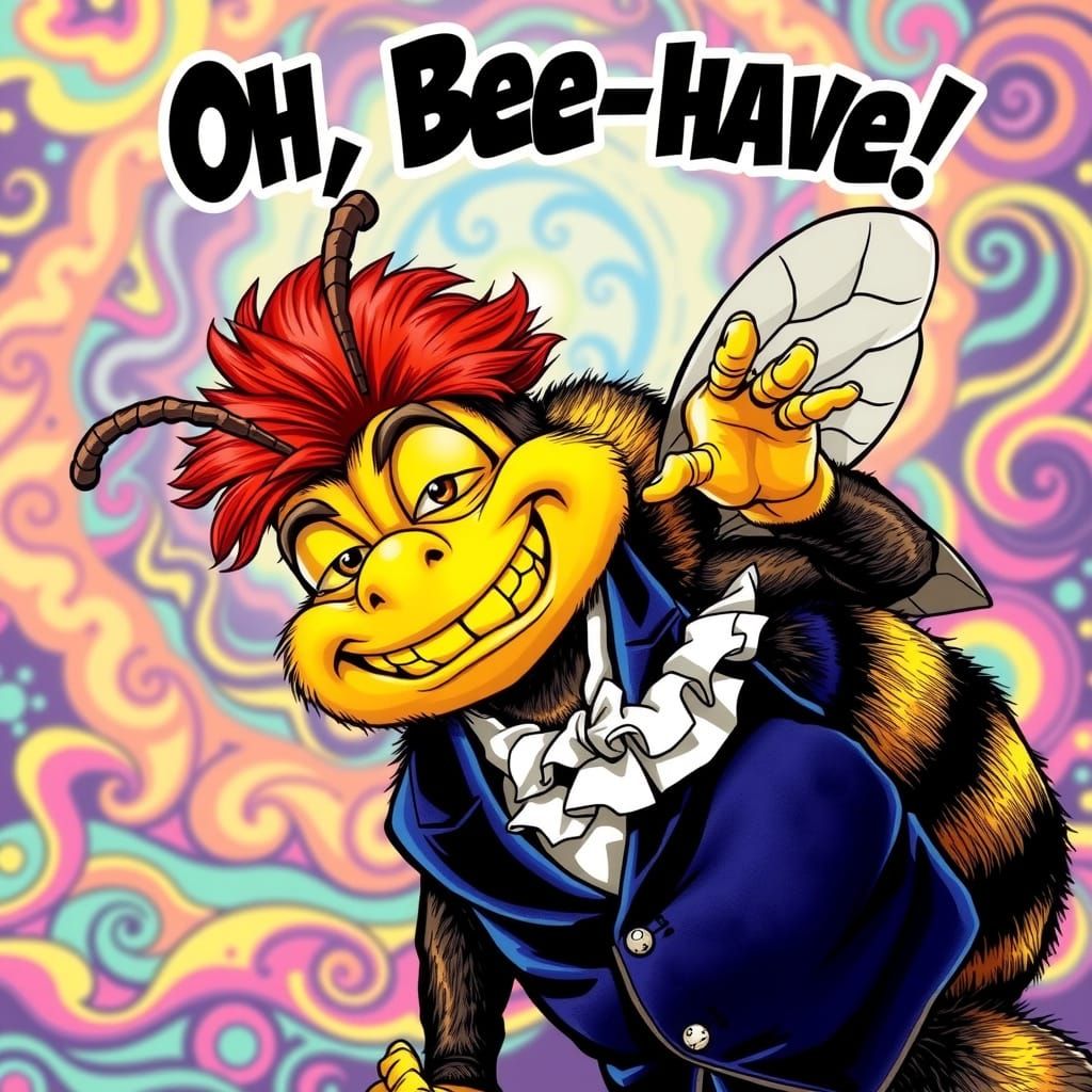 A smiling humanoid male bumblebee, with oversized yellowish crooked teeth and prominent antennae, adorned in a vibrant 1...