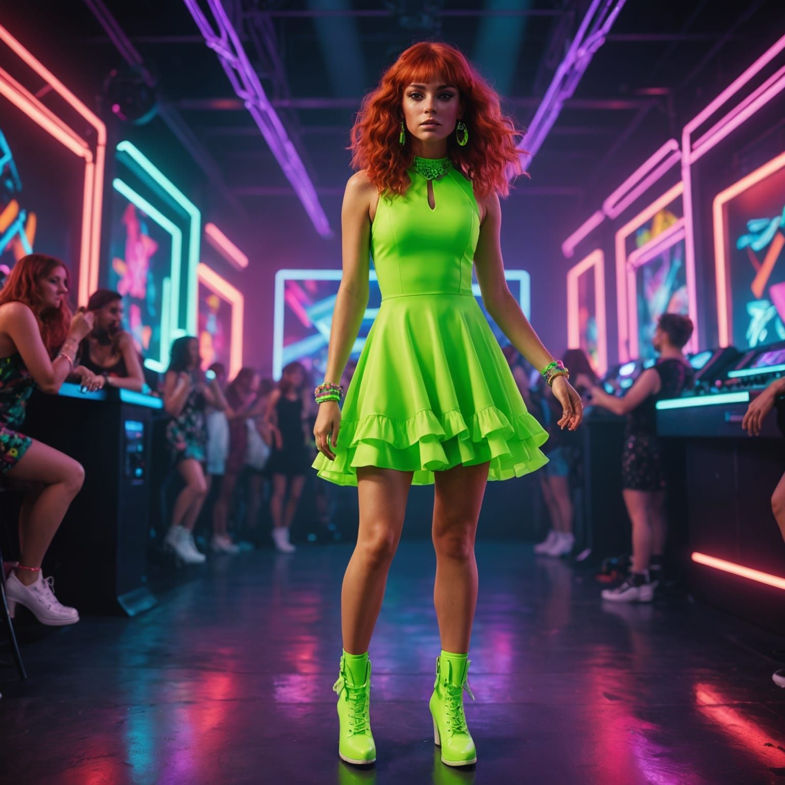 Woman in Neon Green Dress at Rave, Digital Art