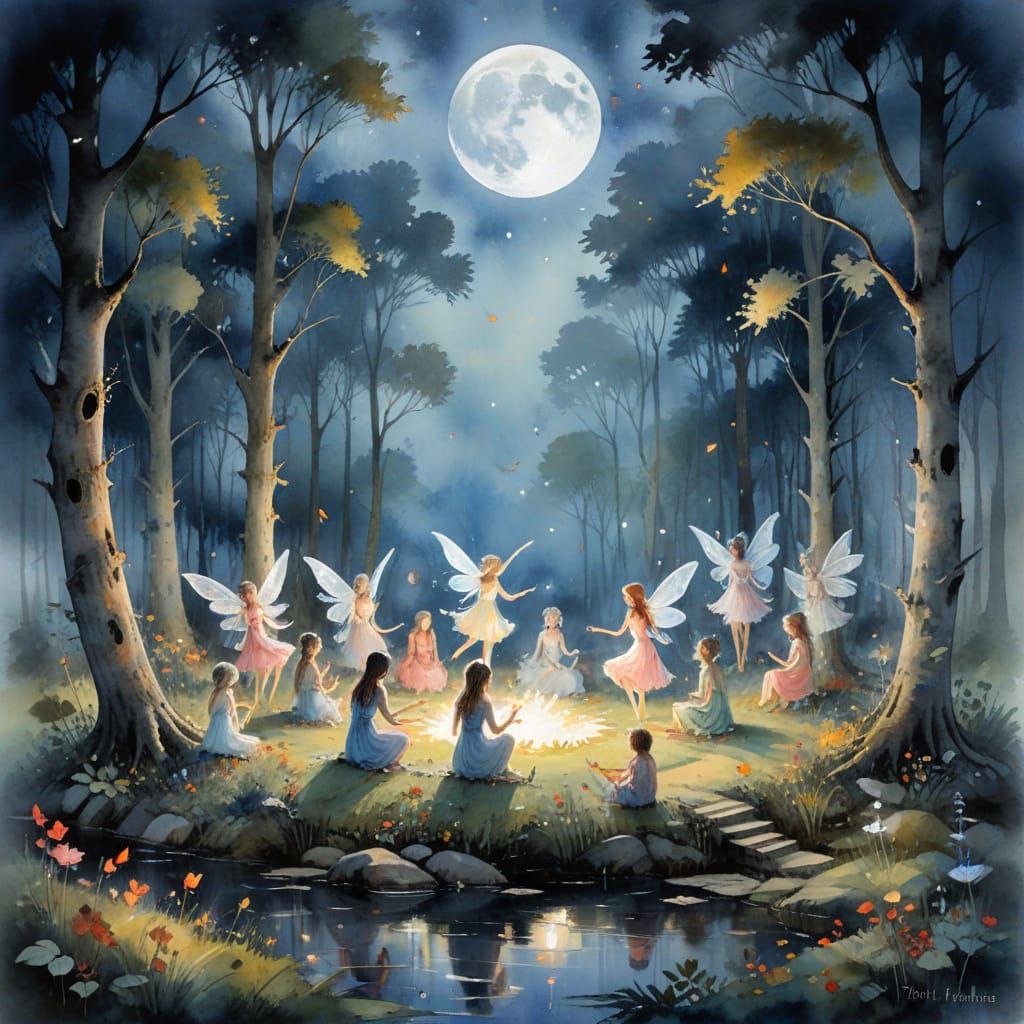 Enchanting Fairy Circle Under Full Moon in Watercolour Style