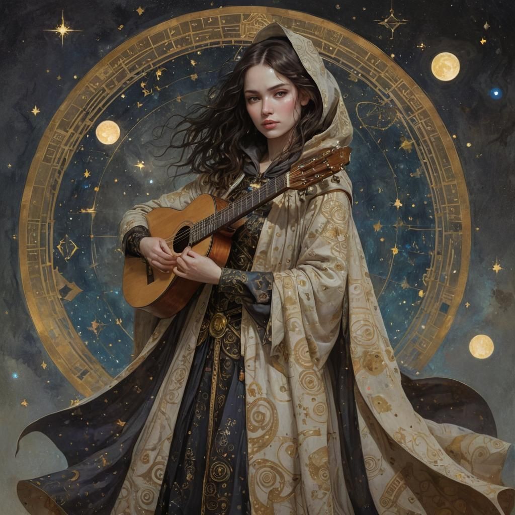 Starlight Bard with Cosmic Lute, Art Nouveau Style