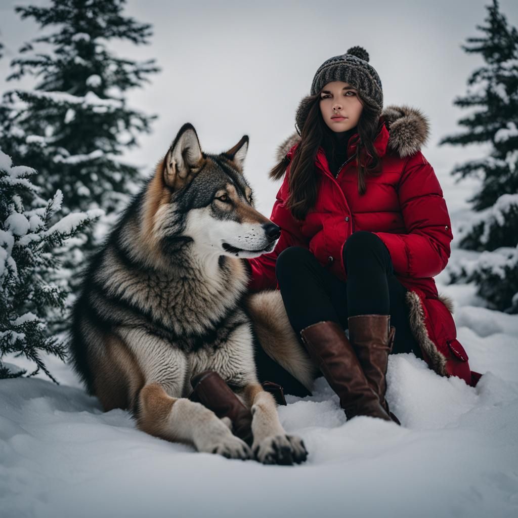 Girl and Wolf in Winter Snowscape