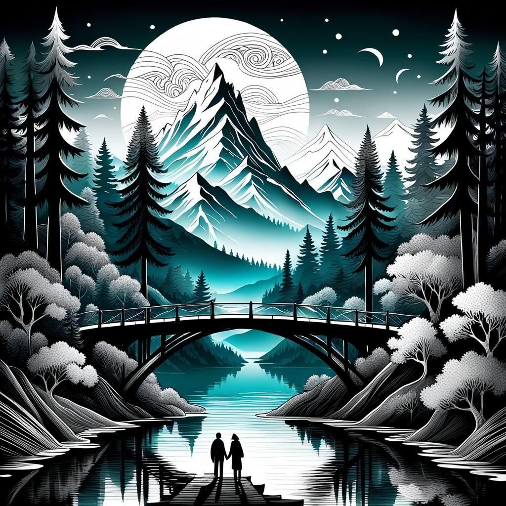 Doodle World: Forest and Mountains in Black and White