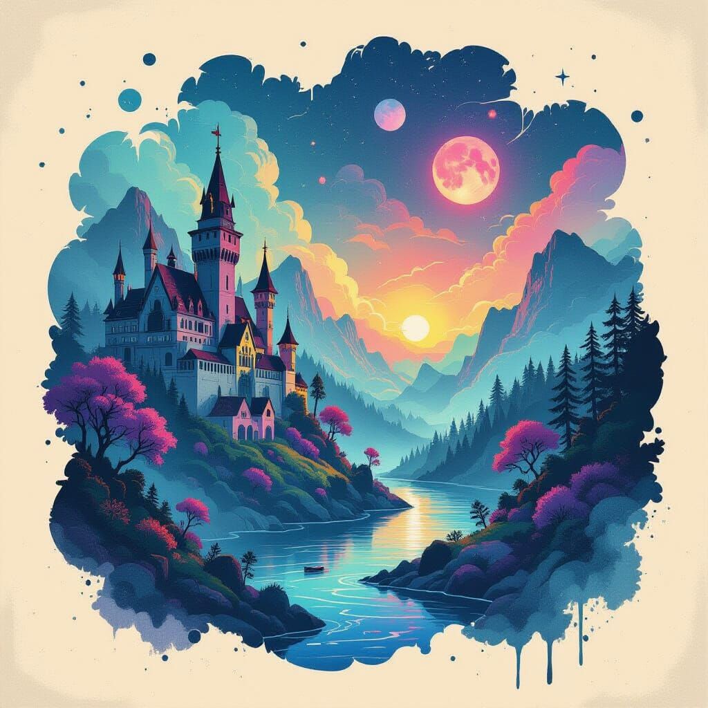 Surreal Paper Landscape with Neon Glow