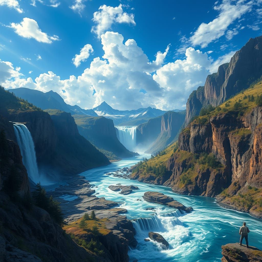 Majestic River Convergence Under Blue Sky with Waterfalls
