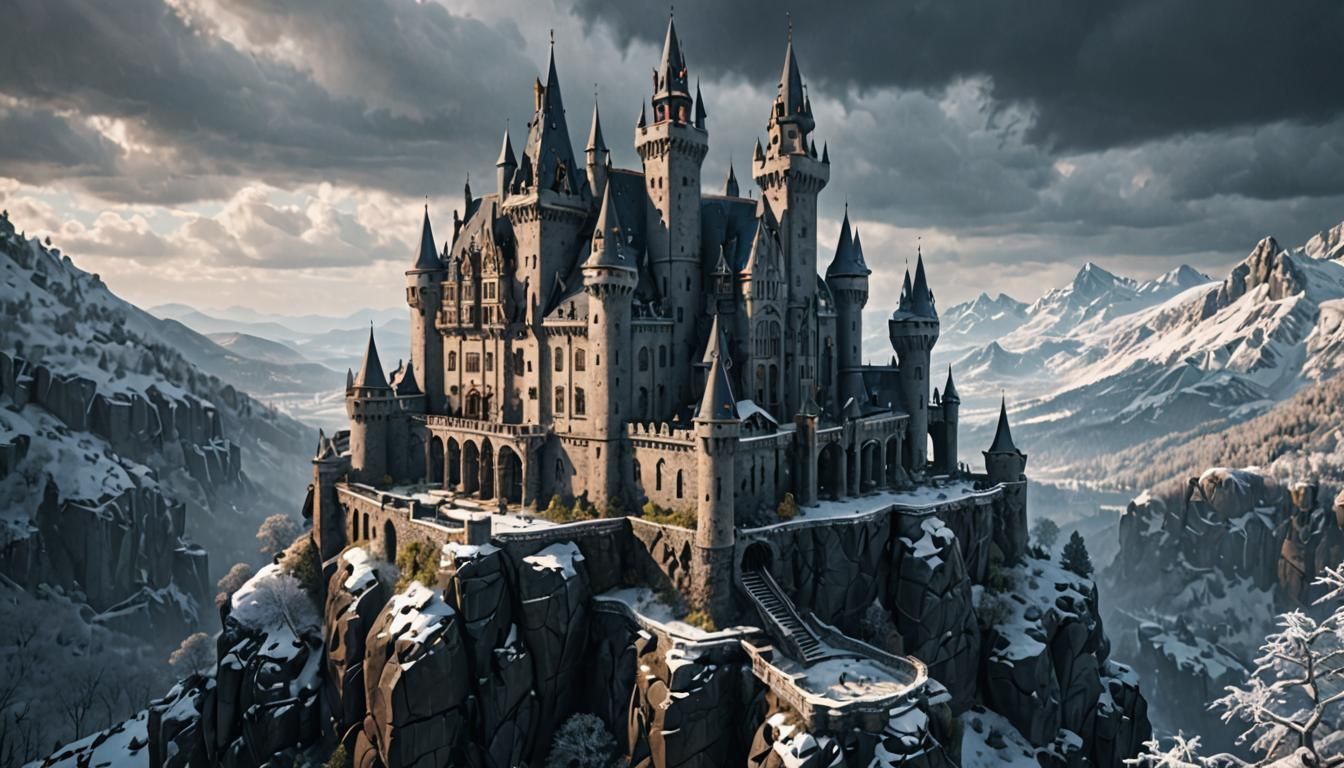 Gothic Castle on Rock in Winter Landscape