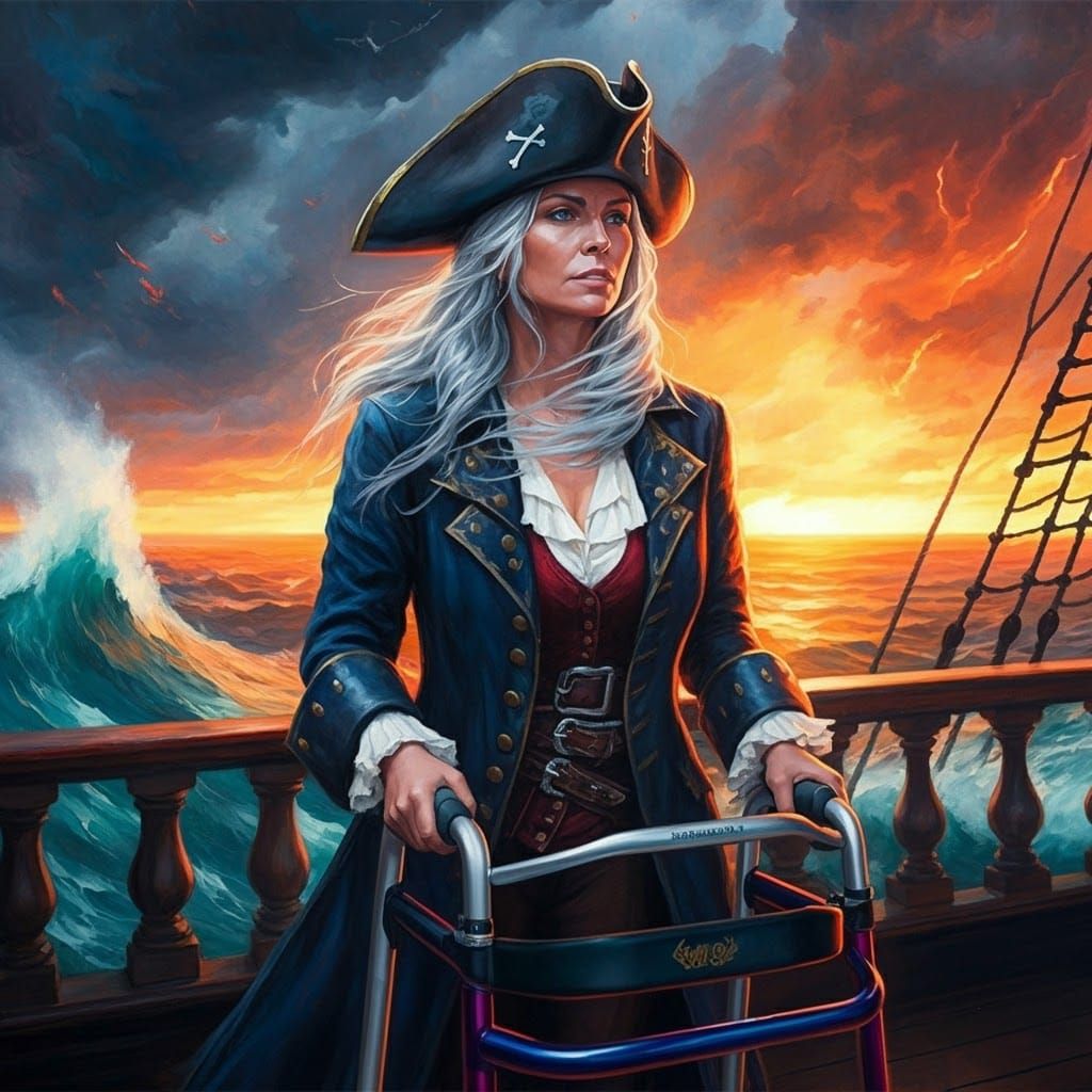 Female Pirate with Rollator on Fiery Sea