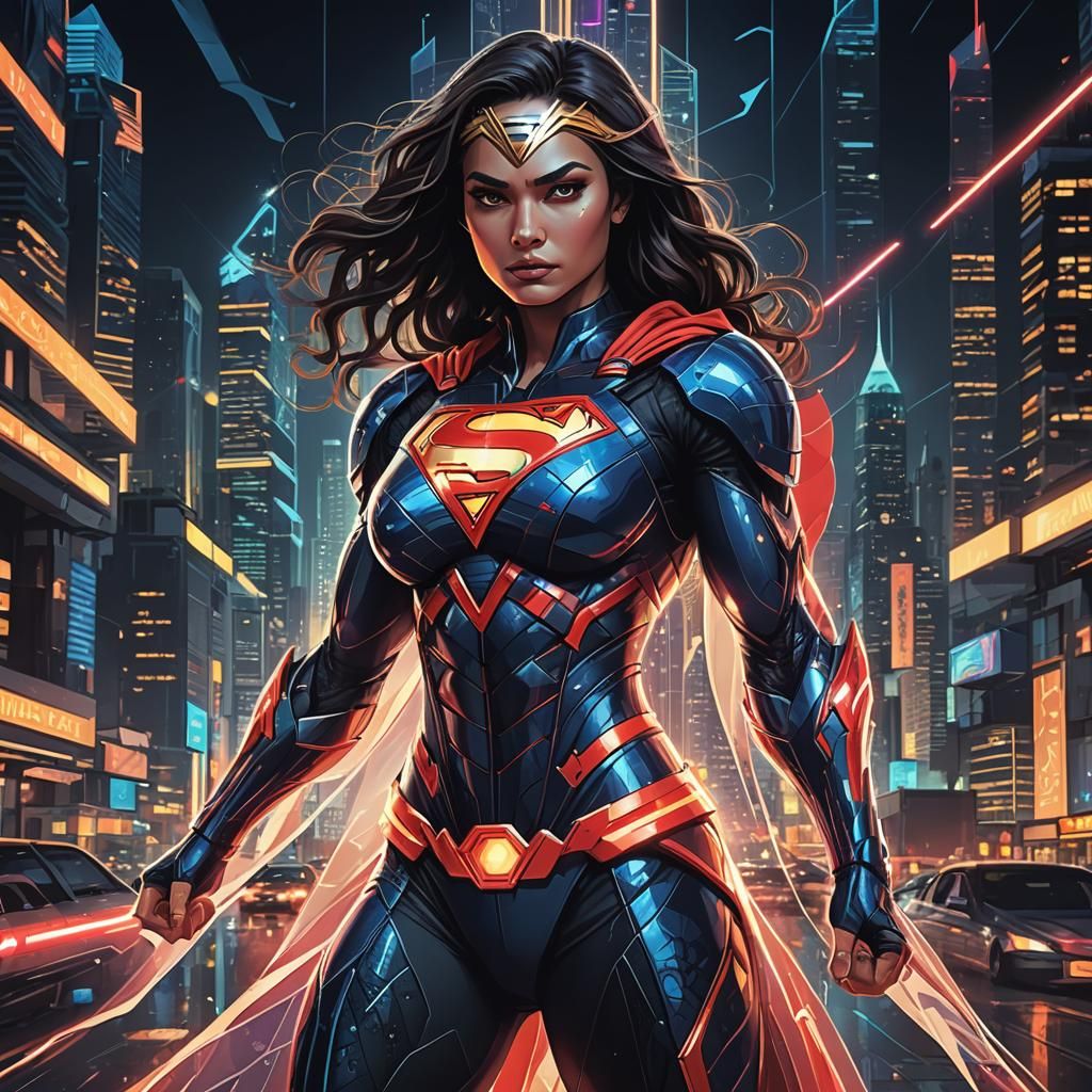 Futuristic Superwoman in Neon Cityscape with Bold Stance