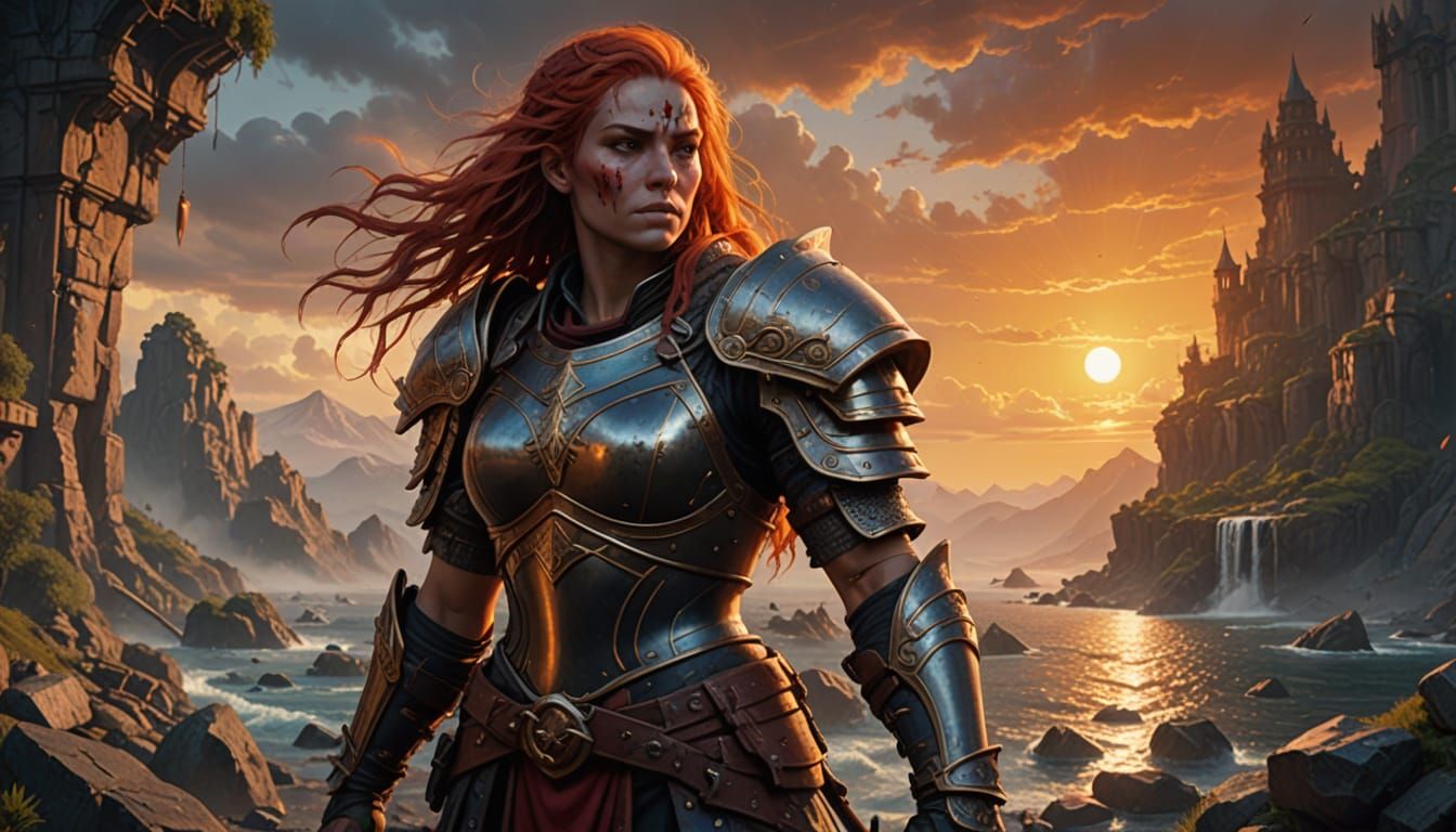 Surreal Sunset Warrior in Oil Painting Style