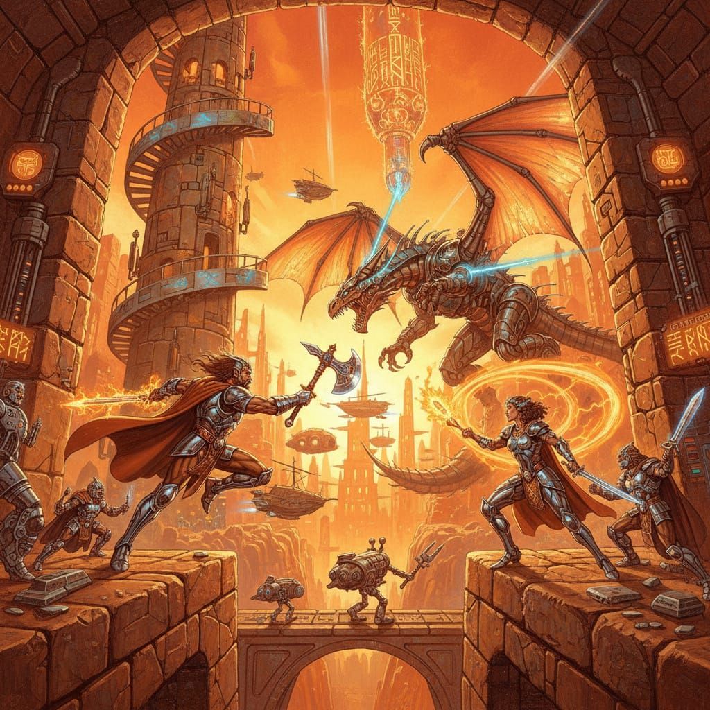 Retro-Futuristic Dungeon Scene in Solar Light