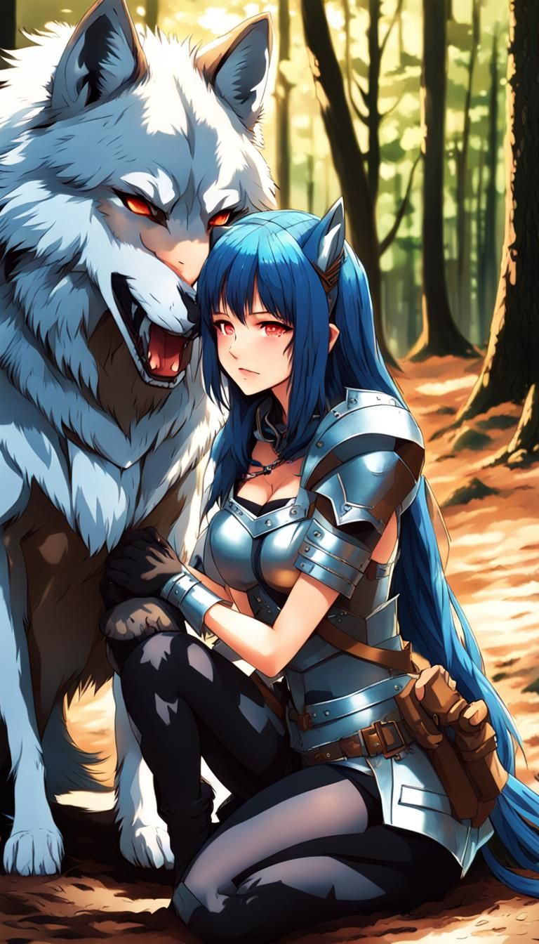 Anime Girl with Wolf in Forest Armor