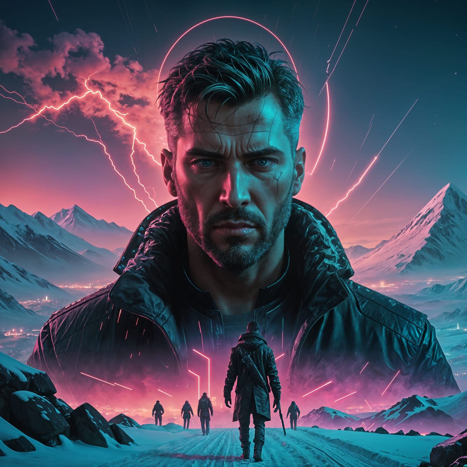 A Cyberpunk Snowy Mountain Rises from a Human Skull