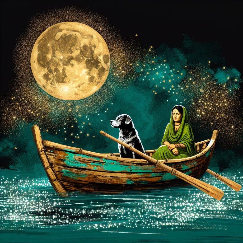 Moonlit Rowboat Scene in Impressionist Style