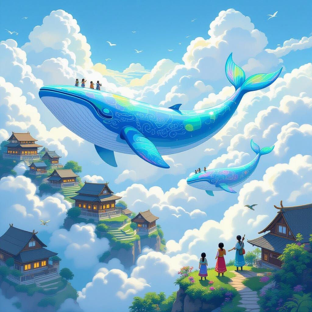 Envision a Hmong village floating among the clouds, with hou...