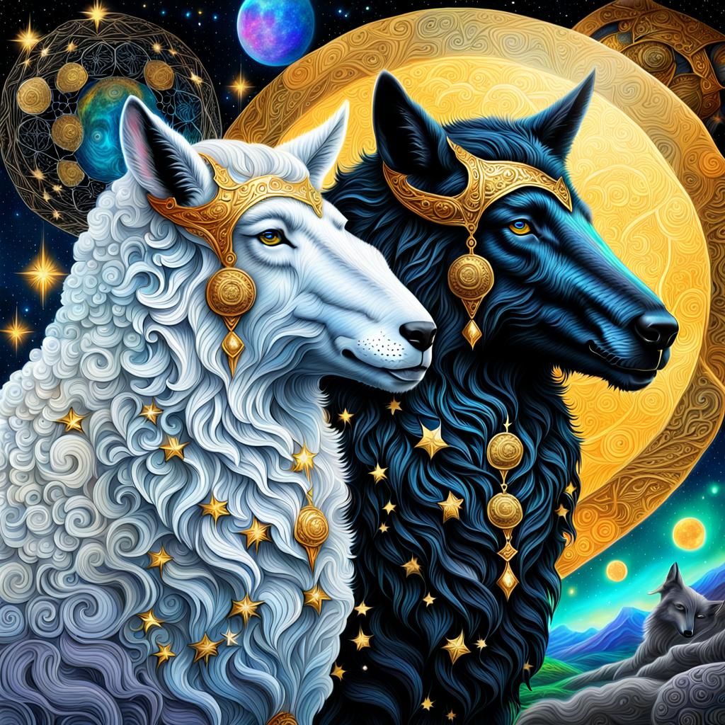 Golden Hoofed Sheep and Black Wolf Illustration
