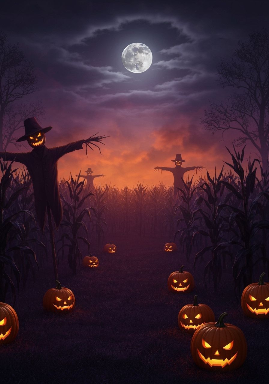 Haunted Corn Maze Night Scene with Ghostly Scarecrows