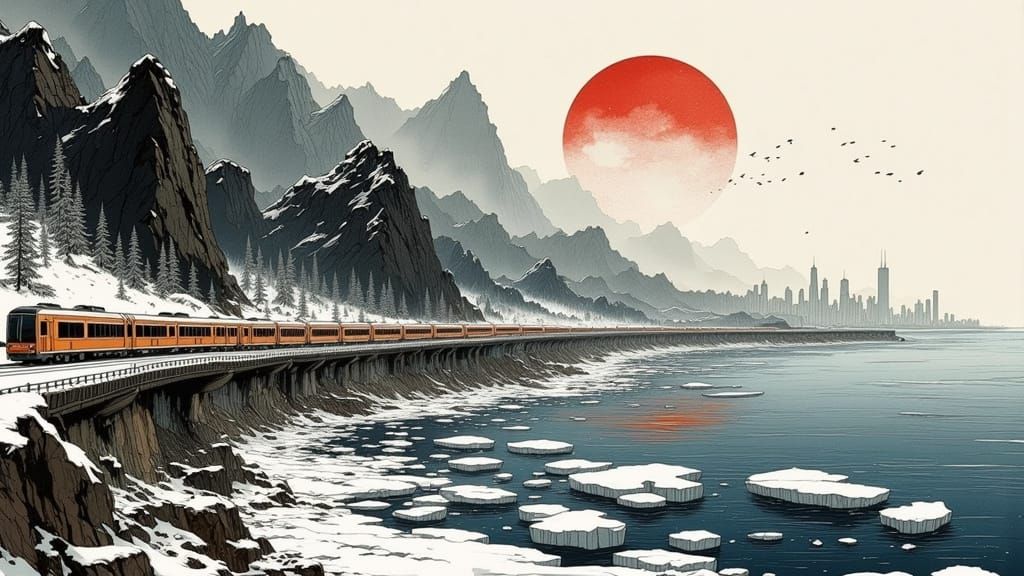 Traditional Korean Winter Landscape in Ink Painting Style