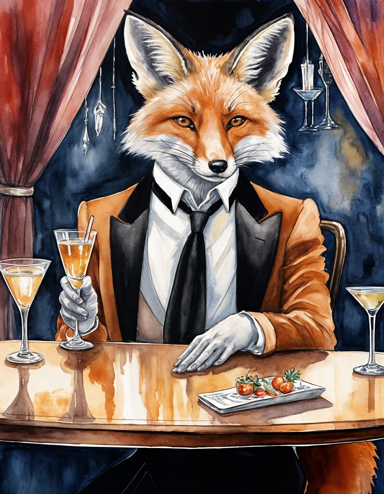Anthropomorphic Fox in Jazz Club Watercolor Painting