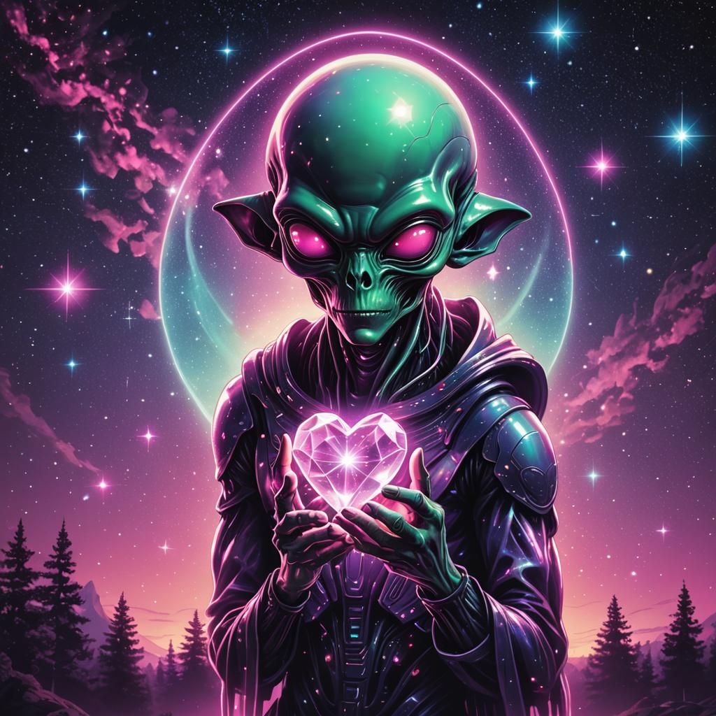 Alien Offering Crystal Heart in Neon Synthwave Style