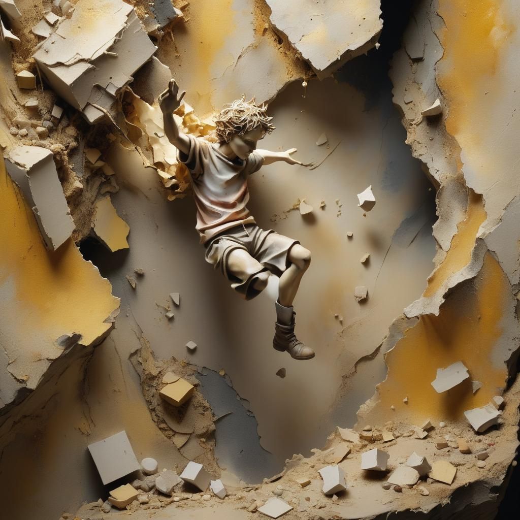 Surreal Figure Falling into Dreamlike Chasm