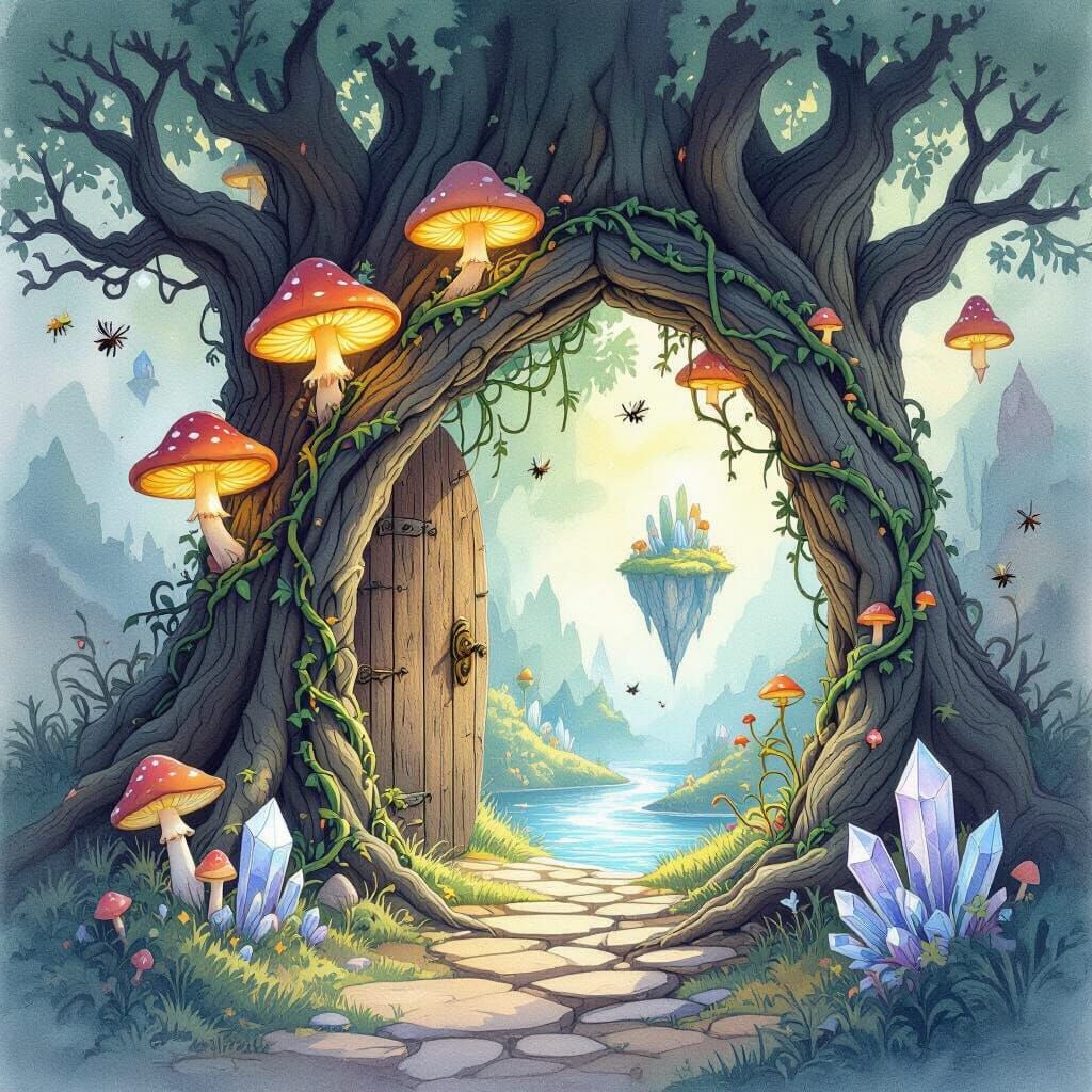 Whimsical World Beyond the Gnarled Tree: Watercolor Art