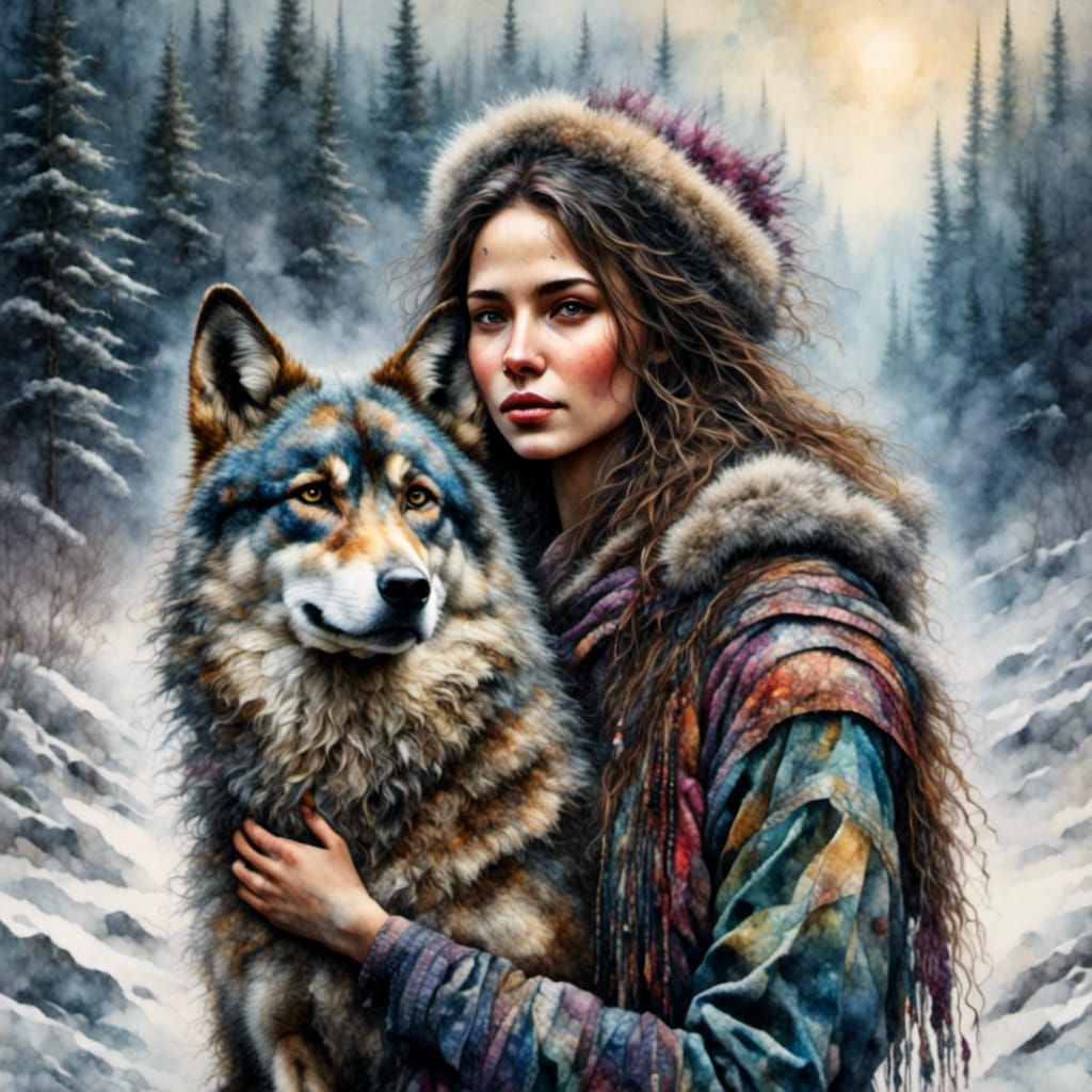Alaskan Woman and Wolf in Detailed Chiaroscuro Tapestry