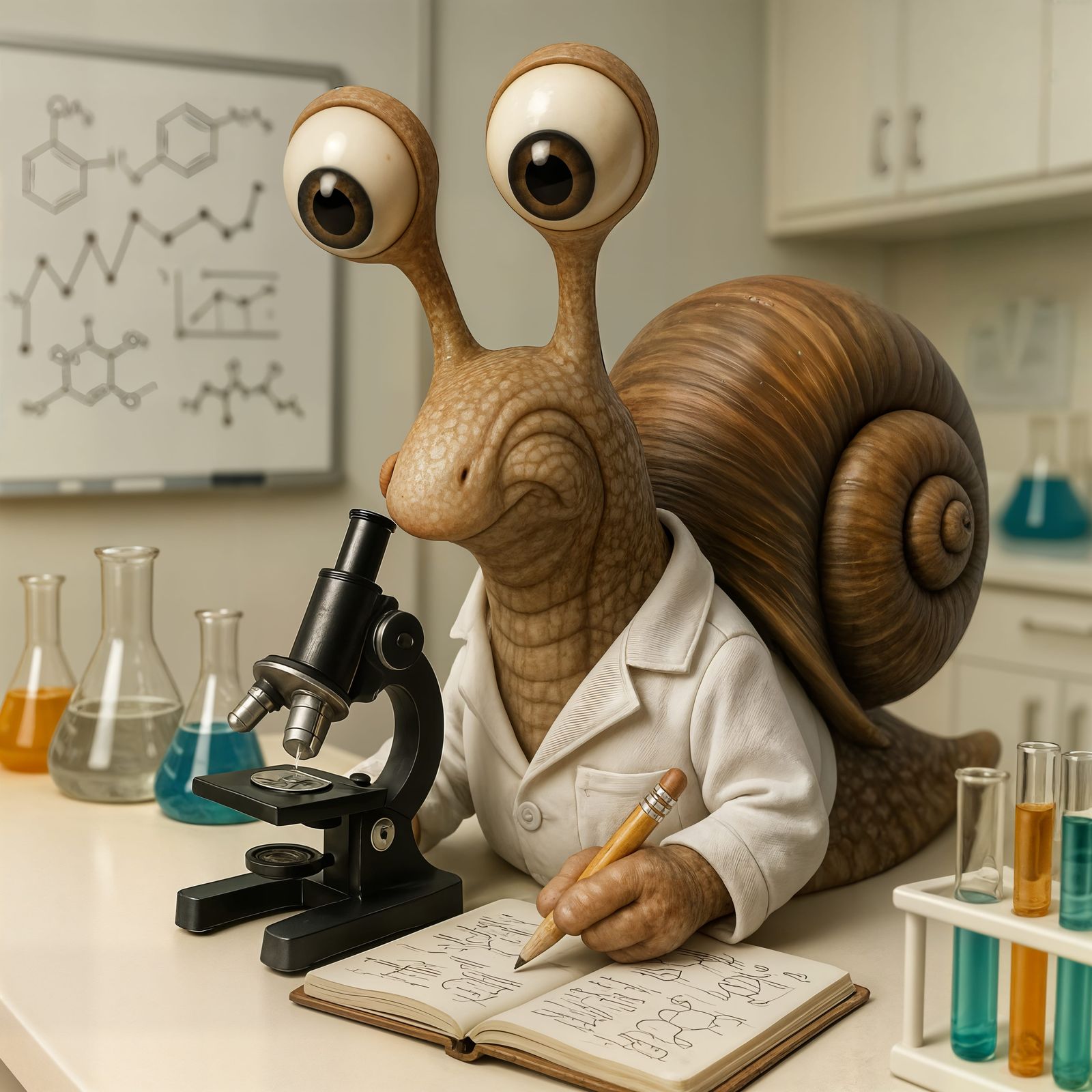 Adorable Snail Scientist in White Lab, CGI
