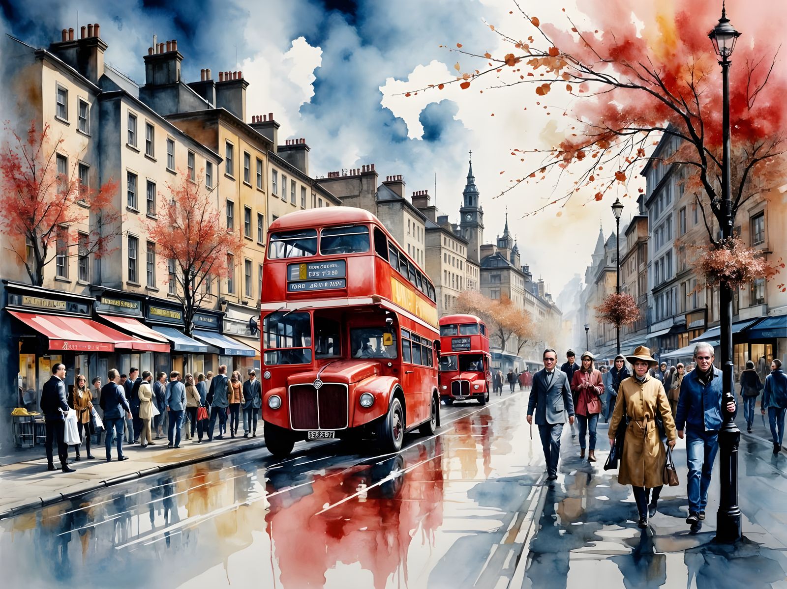 London Downtown Cityscape in Watercolor Oil Style