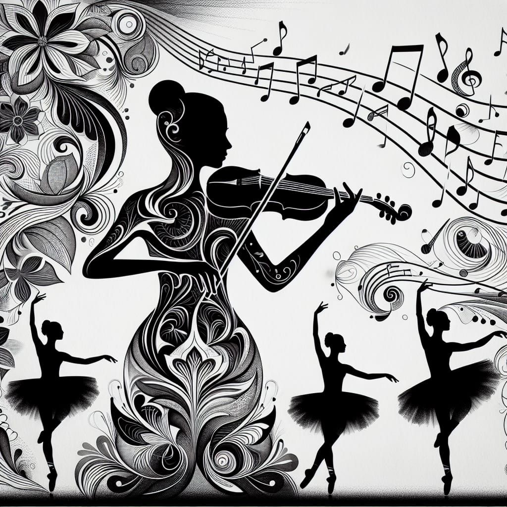 Elegant Woman Violinist in Monochrome Art, Surrounded by Bal...