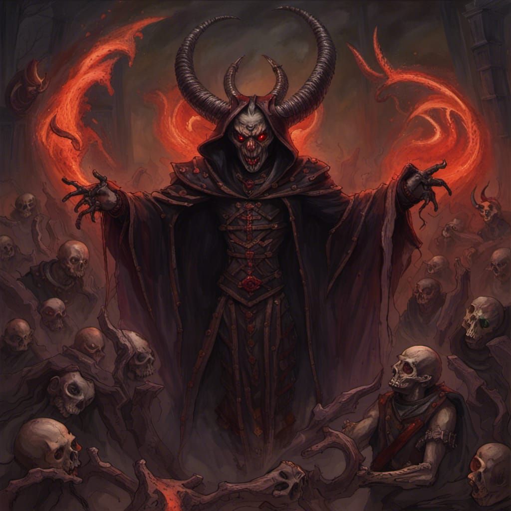 Demon, antichrist, red skin, horns, grotesque, fire and brimstone, skeletal features, near death, dark clothes tattered,...