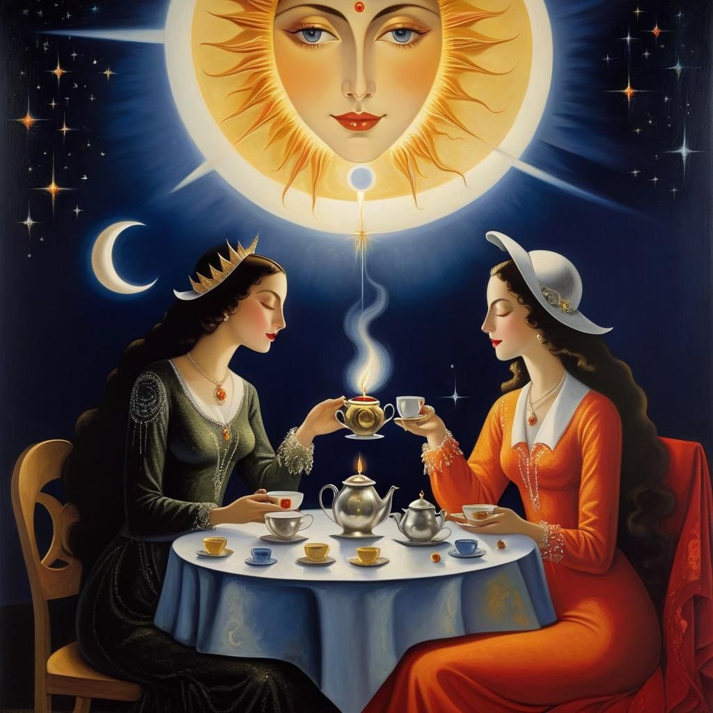 Celestial Tea Party: A Surreal Naive Art Piece