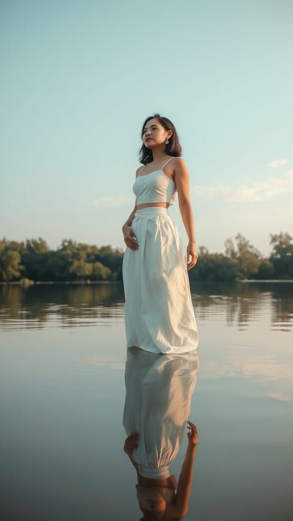 Indonesian Woman's Reflection in Calm Lake