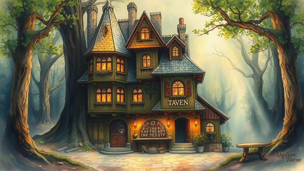 Mystical Tavern in Enchanted Forest: Watercolor Illustration