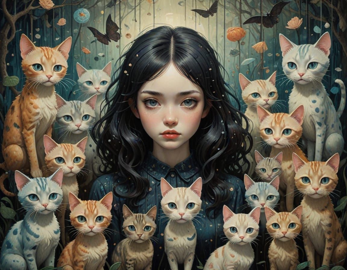 Surreal Gothic Scene of Girl Surrounded by Staring Cats in a...