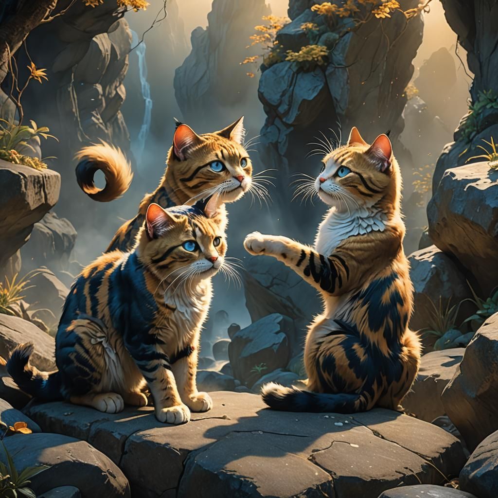 Fantasy Cat-Girls Play in Sunlit Mist