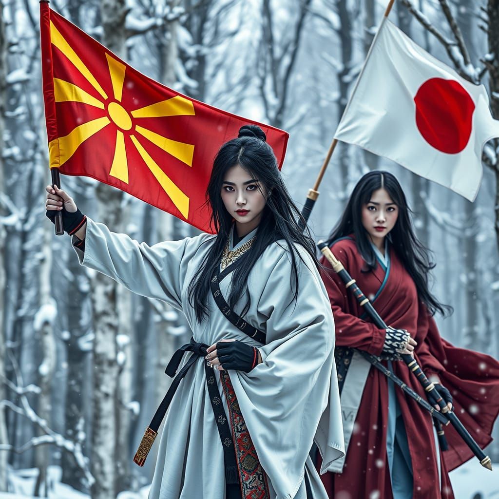 Japanese Warrior Victory in Snowy Forest, Hyperrealistic